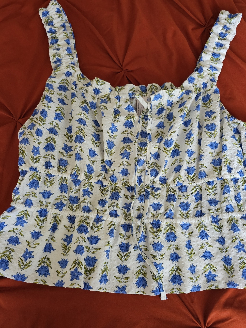 Auden White Cropped Tank Top with Blue Floral Print